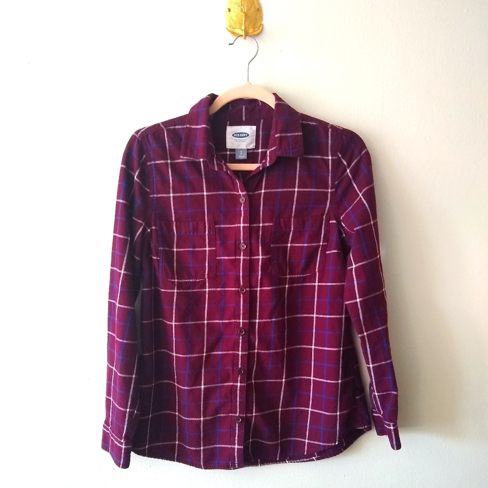 Old Navy | Women's Long-Sleeve Burgundy Cotton Flannel Button-Down Shirt Small